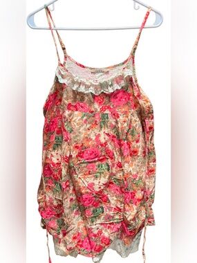 Orage Pink Floral Lace-Trim Spaghetti Strap Mini Dress